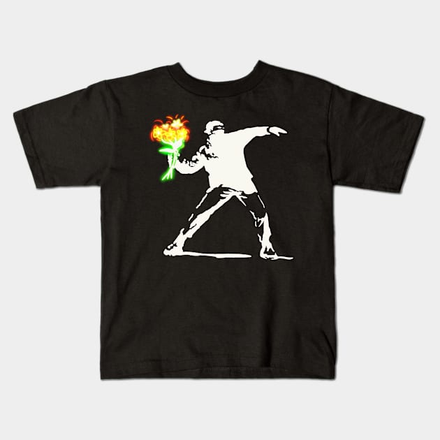 Bansky man throwing neon flowers Kids T-Shirt by DEMON LIMBS